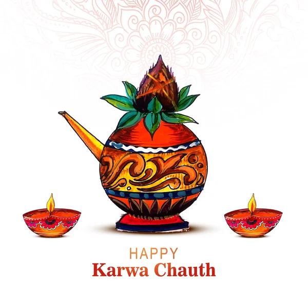 Tarjeta Karwa Chauth Feliz Sobre Fondo Kalash — Vector de stock