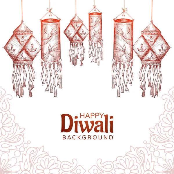 Glad Diwali Dekorativa Ljus Skiss Kort Bakgrund — Stock vektor