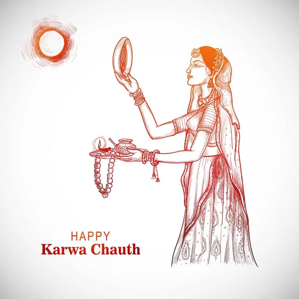 Hnad Dibujar India Mujer Bosquejo Celebración Karwa Chauth Festival Fondo — Vector de stock