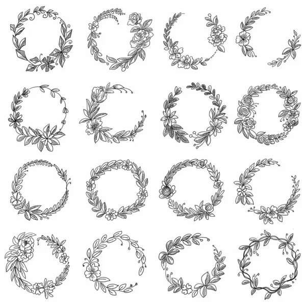 Ensemble Cadre Décoratif Floral Circulaire Doodle — Image vectorielle