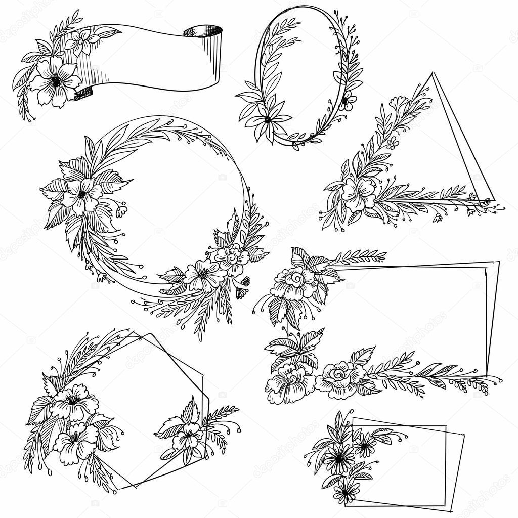 Hand draw doodle decorative floral frame set design