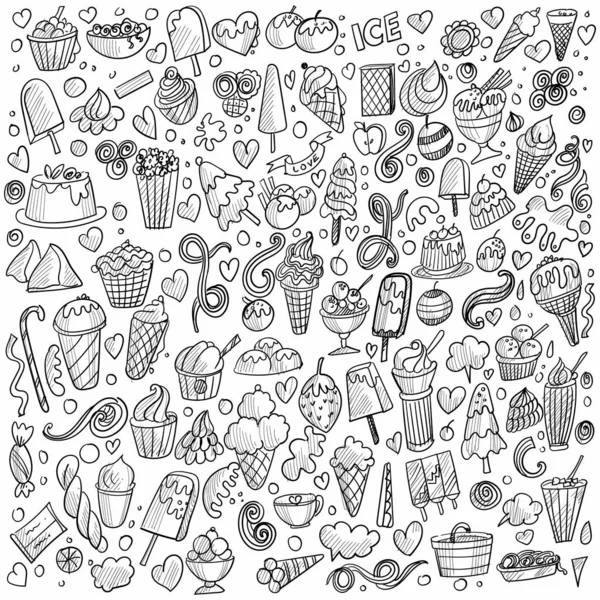 Crème Glacée Dessinée Main Doodle Ensemble Fond — Image vectorielle