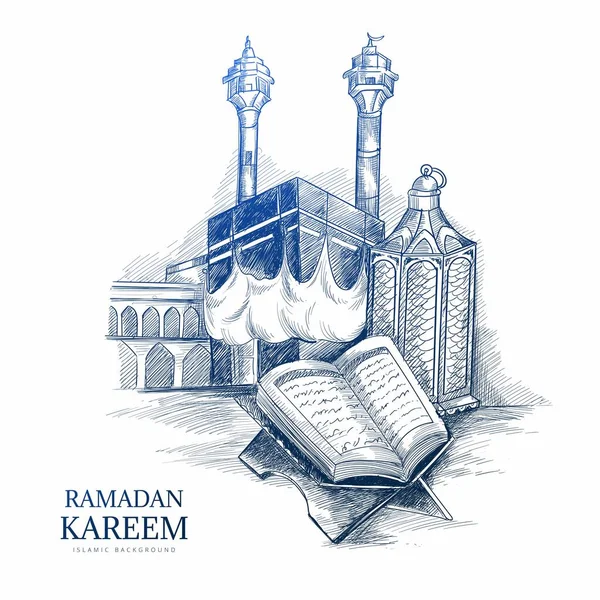 Boceto Dibujado Mano Libro Sagrado Del Corán Fondo Del Stand — Vector de stock