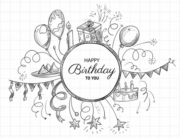 Joyeux Anniversaire Dessiner Main Croquis Noir Blanc Doodle — Image vectorielle