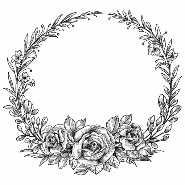 美しい結婚式円形の花のフレームのスケッチデザイン — ストックベクタ
