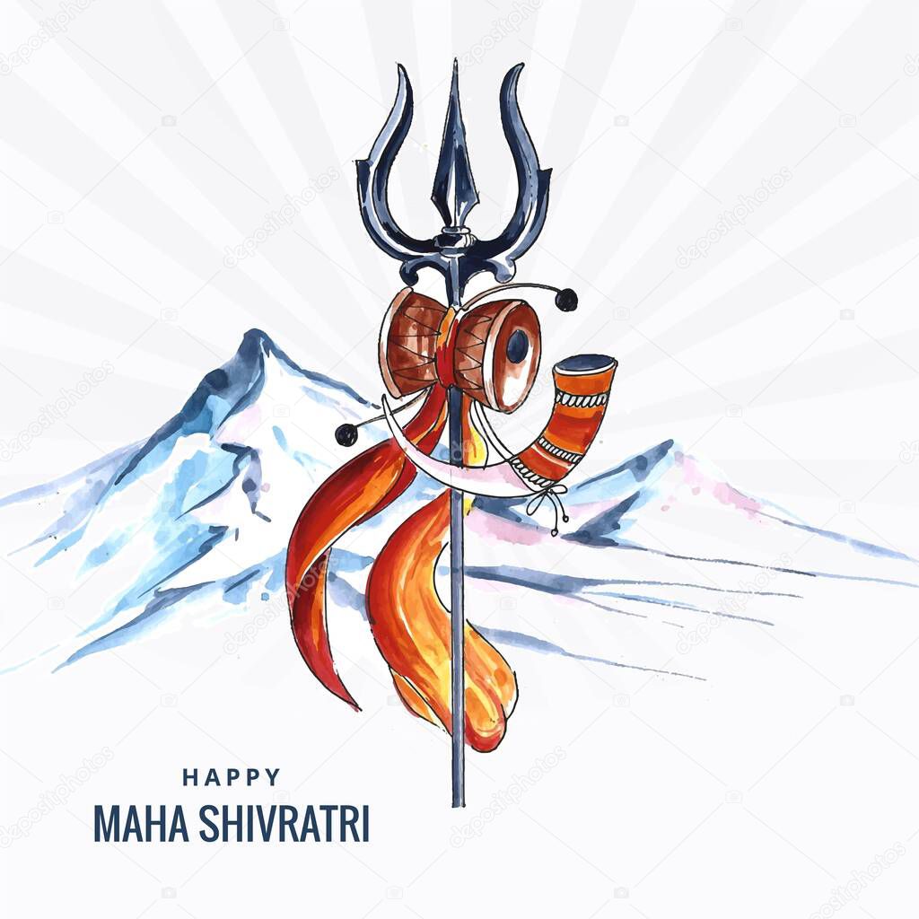 Happy maha shivratri card with trisulam a hindu festival and mountain background