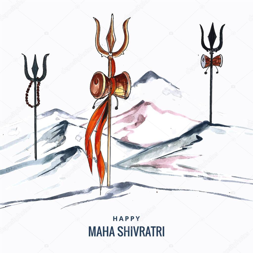 Happy maha shivratri card with trisulam a hindu festival and mountain background