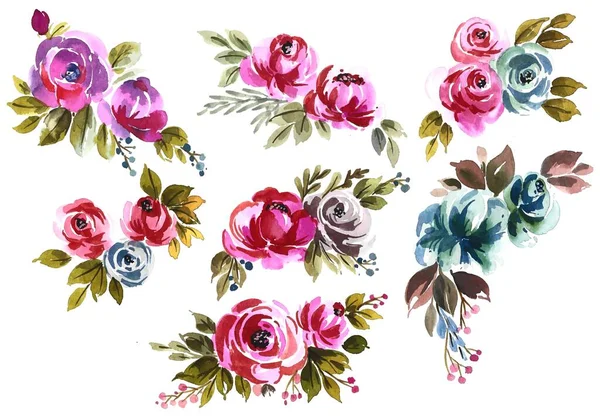 Diseño Acuarela Conjunto Floral Dibujado Mano — Vector de stock