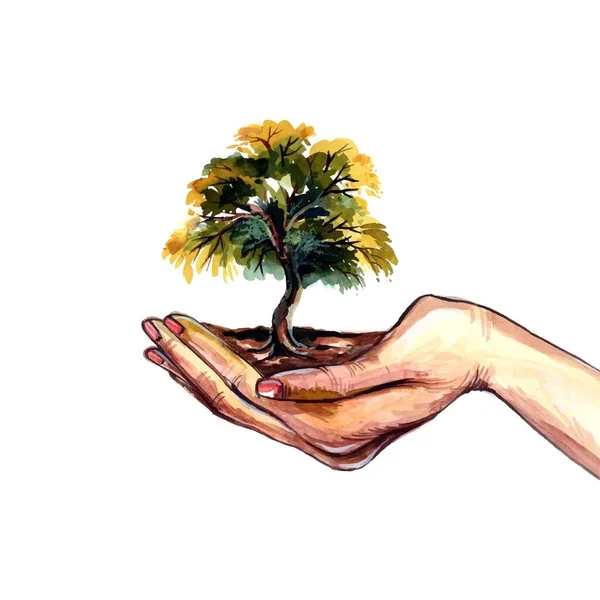 Schöne Hand Zeichnen Mädchen Mit Baum Erde Aquarell Design — Stockvektor