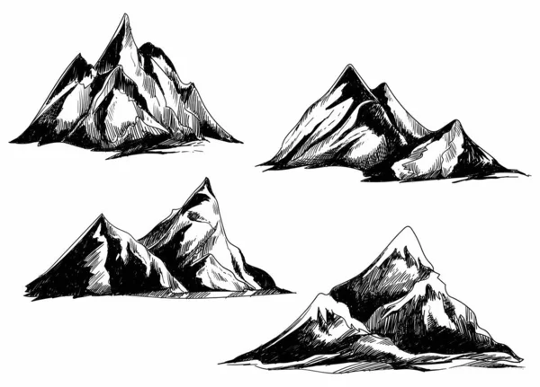Hand Draw Monochrome Mountains Set Sketch Design — Stock Vector