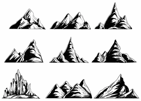 Hand Draw Monochrome Mountains Set Sketch Design — Stock Vector