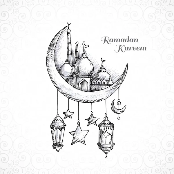 Ramadan Kareem Iszlám Hold Mecset Vázlat Kártya Háttér — Stock Vector