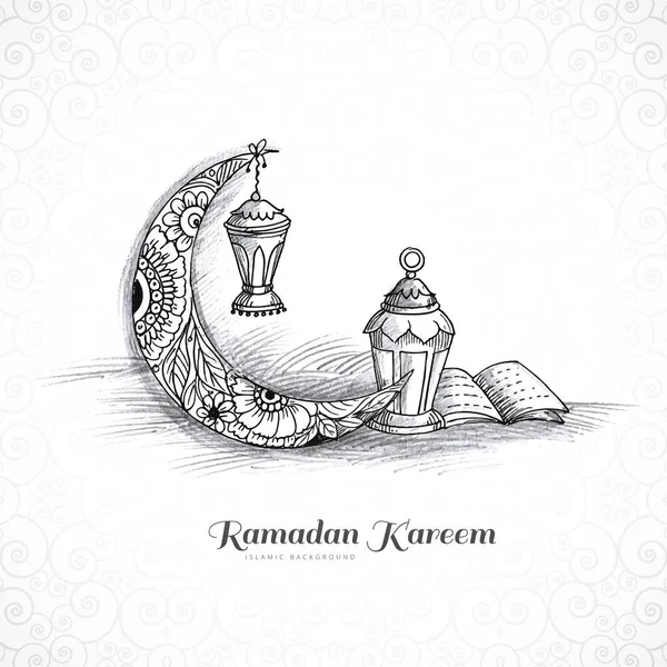 Dibuja Mano Ramadán Kareem Lámpara Islámica Diseño Tarjeta Dibujo Luna — Vector de stock