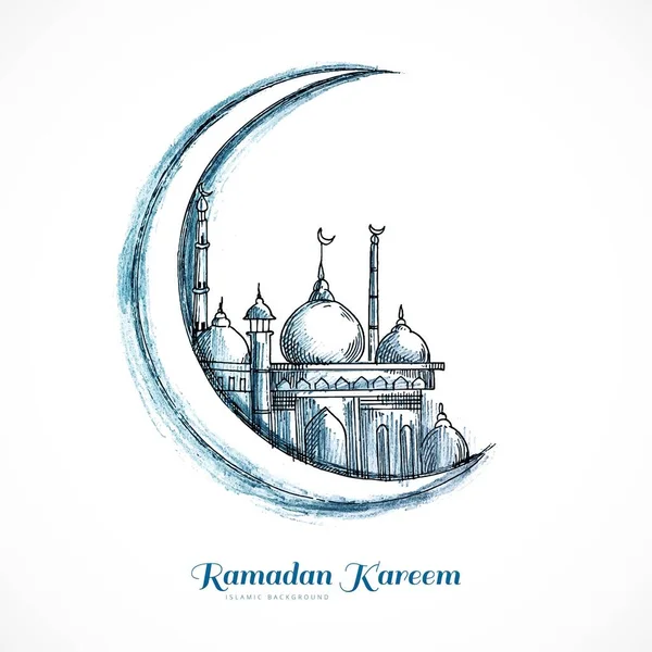 Dibuja Mano Luna Mezquita Boceto Ramadán Kareem Fondo — Vector de stock