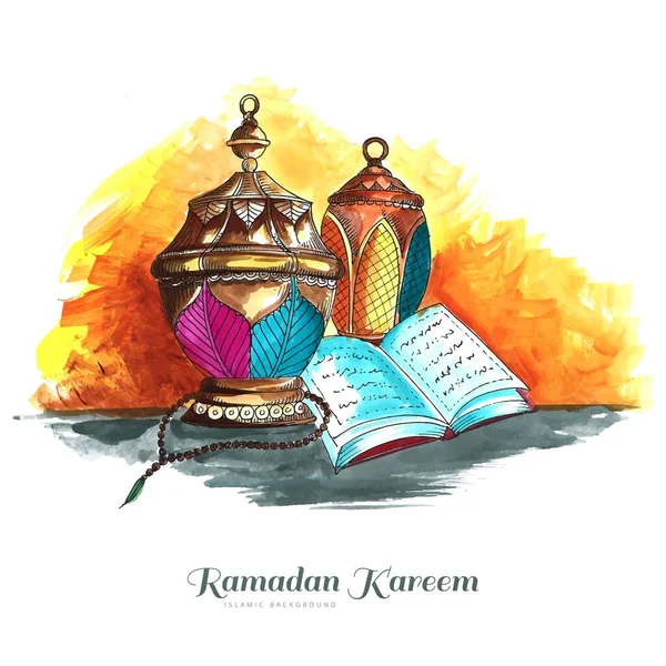 Vacker Dekorativ Islamisk Ramadan Kareem Festival Hälsning Med Lampor Kort — Stock vektor