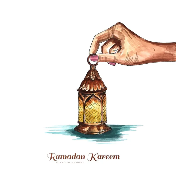 Schöne Hand Hält Arabische Lampe Ramadan Kareem Hintergrund — Stockvektor