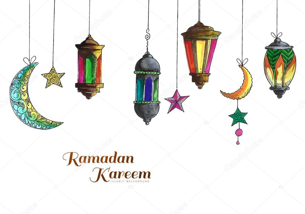 Ramadan kareem festive hanging watercolor arabic lamps card background