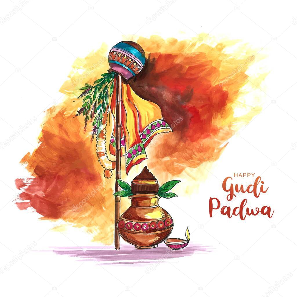 Gudi padwa cultural festival greeting card with watercolor background