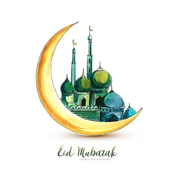 Eid Mubarak Background Moon Mosque Card Design — Stock Vector