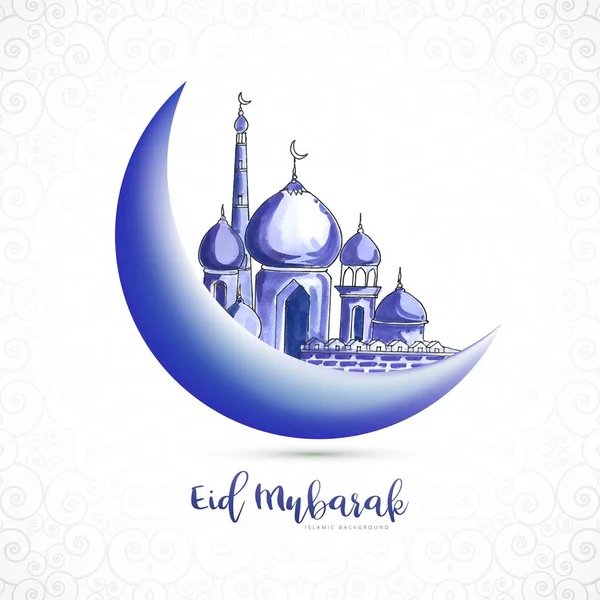 Eid Mubarak Islamic Moon Mosque Greeting Card Background — Stock Vector