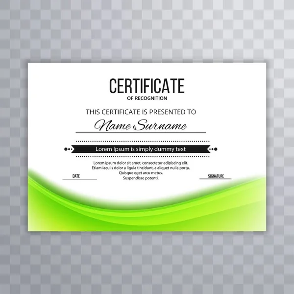 Design Astratto Certificato Certificato Onda Verde — Vettoriale Stock