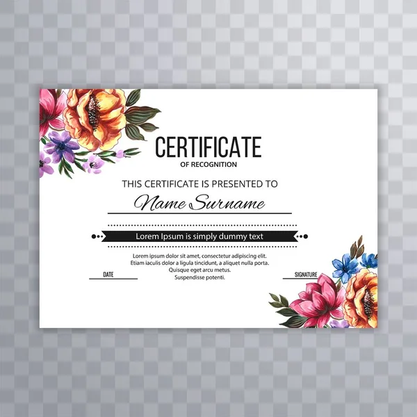 Beautiful Hand Drawn Ornamental Flower Certificate Design — Stock Vector