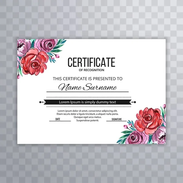 Beautiful Hand Drawn Flower Certificate Award Card Template Design — Stock Vector