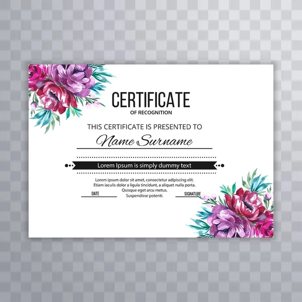 Certificado Floral Diploma Plantilla Tarjeta Diseño — Vector de stock