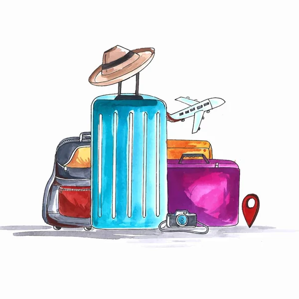 Watercolor Luggage Camera Hat Travel Design — Stock Vector