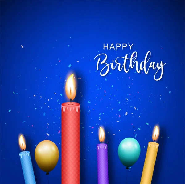 Verjaardag Viering Kleurrijke Sprankelende Kaarsen Ballon Blauwe Achtergrond — Stockvector