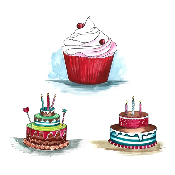 幸せな誕生日セット上の様々なケーキ上の白い背景 — ストックベクタ