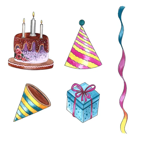 誕生日の要素に幸せな誕生日セット水彩デザイン — ストックベクタ