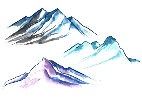 Dibujar Mano Paisaje Colorido Montaña Acuarela Conjunto Diseño — Vector de stock