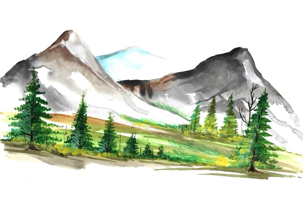 Krásná Ruka Čerpat Krajinu Barevné Horské Akvarely Pozadí — Stockový vektor