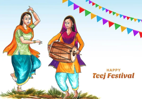 Feliz Festival Teej Hariyali Con Fondo Tarjeta Baile Mujer — Vector de stock