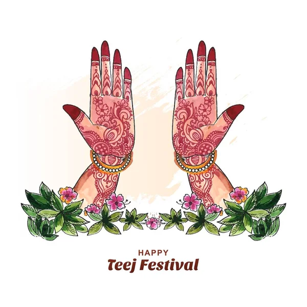 Mujeres Mano Mehndi Hariyali Teej Festival Hindú Tarjeta Felicitación Fondo — Vector de stock