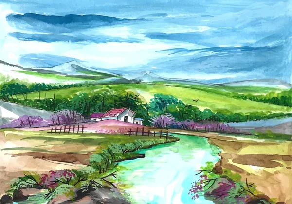 Krásná Příroda Krajina Ručně Kreslit Akvarel Pozadí — Stockový vektor