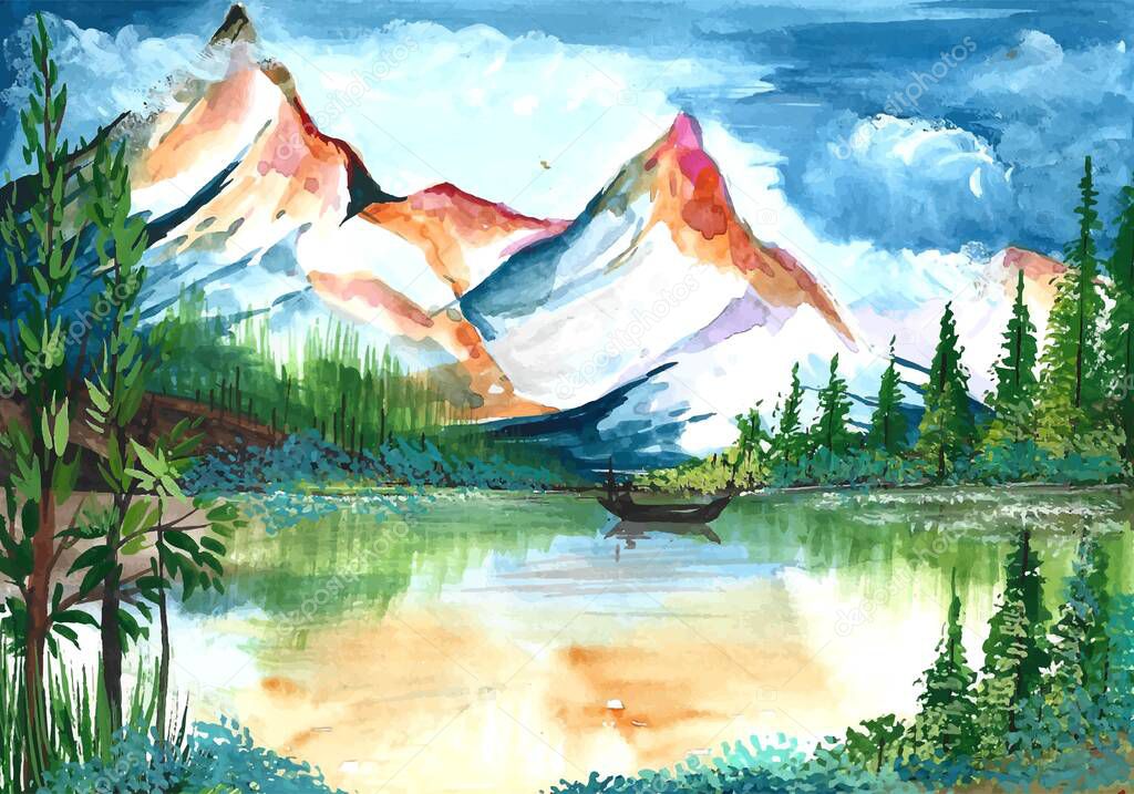 Hand draw mountain landscape scene watercolor background