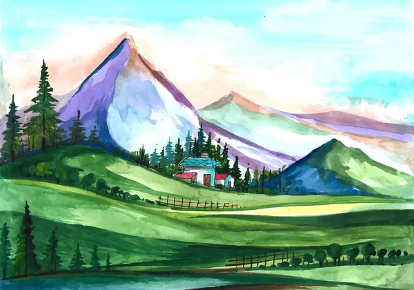 Hand Draw Mountain Landscape Scene Watercolor Background — Wektor stockowy