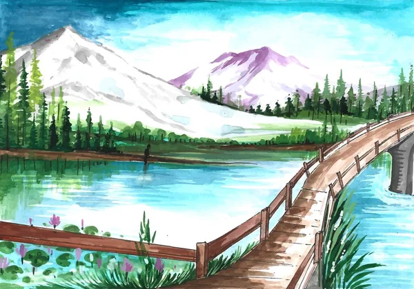 Hand Draw Spring Landscape Scene Watercolor Background — Vetor de Stock
