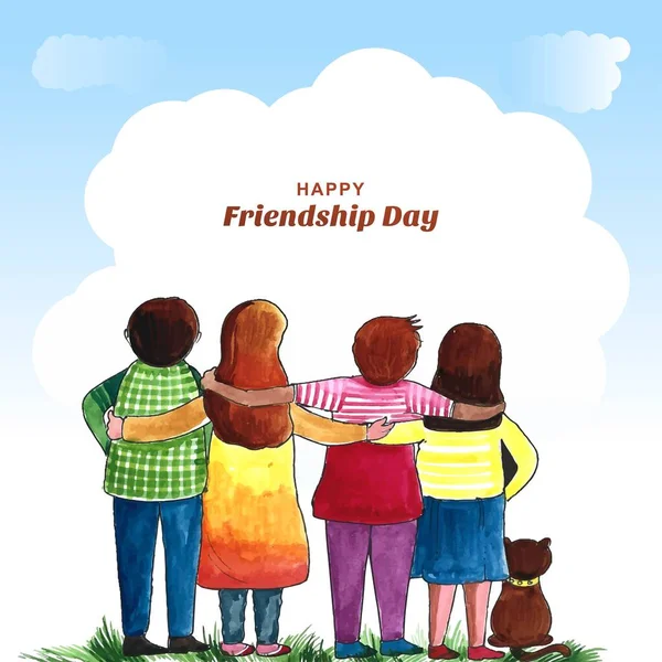 Happy Friendship Day Greeting Card Four Child Friends Background — Stock Vector