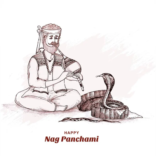 Hand Draw Sketch Happy Naag Panchami Card Background — Stock vektor