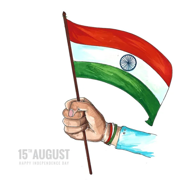 Hand Draw Watercolor Hand Holding Indian Flag Card Background — Stockvektor