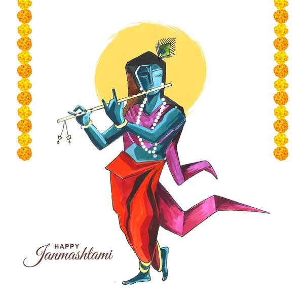Lord Krishna Playing Flute Happy Janmashtami Holiday Festival Card Background — Vetor de Stock