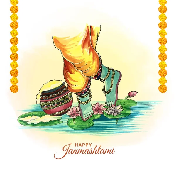 Lord Krishna Nın Ayaklarının Suluboyasını Janmashtami Festival Kartı Tasarımında Elle — Stok Vektör