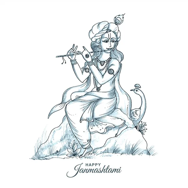 Hand Draw Sketch Lord Krishna Happy Janmashtami Festival Card Background — Stockvektor