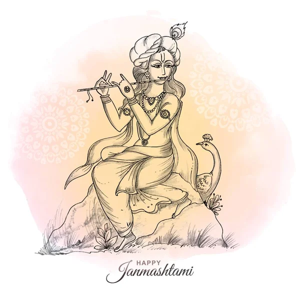 Hand Draw Sketch Lord Krishna Happy Janmashtami Festival Card Background — Stockvektor