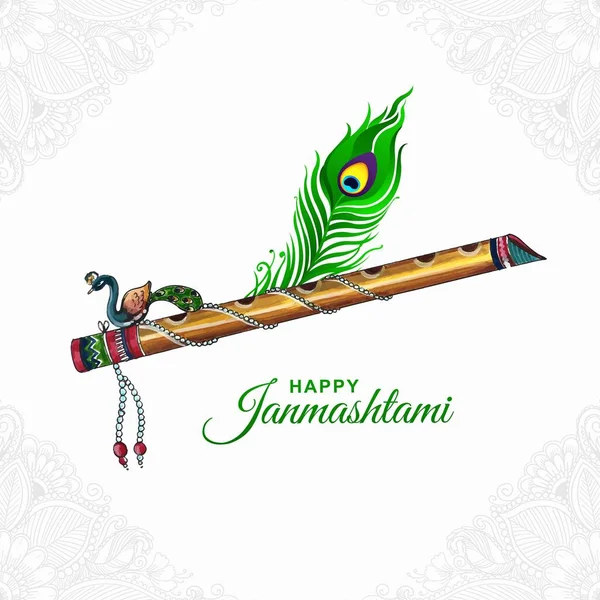 Beautiful Lord Krishna Flute Peacock Feather Janmashtami Festival Card Background — Archivo Imágenes Vectoriales