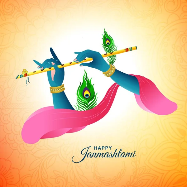 Happy Janmashtami Lord Krishna Hand Playing Bansuri Card Background — Archivo Imágenes Vectoriales