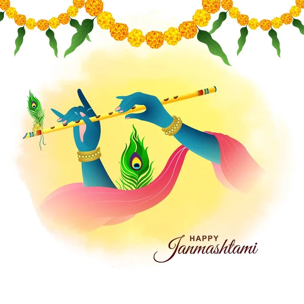 Beautiful Happy Janmashtami Lord Krishna Hand Playing Bansuri Card Design — Stok Vektör